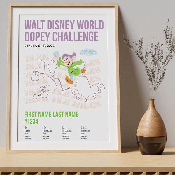 Disney Dopey Challenge Art | Run Disney Poster | Disney Marathon Weekend Print | Runner Gift | Personalized Race Keepsake | Digital Download