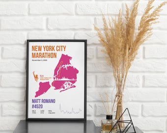 Póster con mapa personalizado del Maratón de Nueva York / Impresión personalizada con nombre, dorsal, ritmo y tiempo / Descarga digital