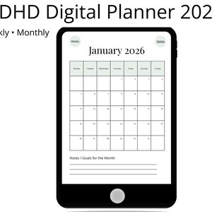 May include: A digital planner displayed on a black tablet. The screen shows a calendar for January 2026 with a grid layout. The text "ADHD Digital Planner 2026" is at the top, with "Daily • Weekly • Monthly" below it.