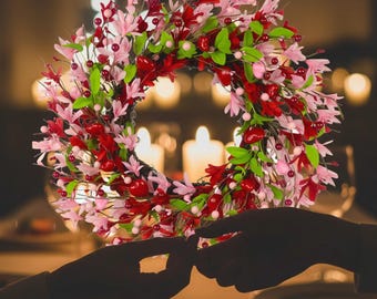 Pink Forsythia Flower Heart Wreath with Green Leaf Accents Valentine’s Day Decor for Wedding Party