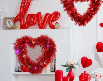 Guirnalda de corazones con luces para San Valentín, romántica corona de corazones, decoración para bodas y aniversarios, propuesta de matrimonio con corazones.