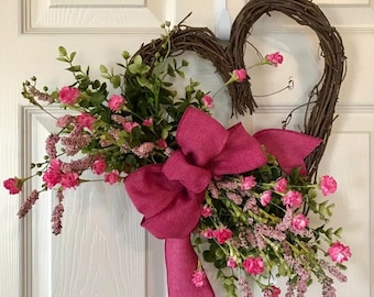 Handmade Artificial Flower Heart Wreath, Valentine & Mother’s Day Gift, Home Door Hanging Decor, Wedding or Party Decoration