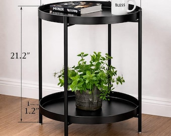 2-Tier Round Metal Side Table – Removable Tray Nightstand for Small Spaces
