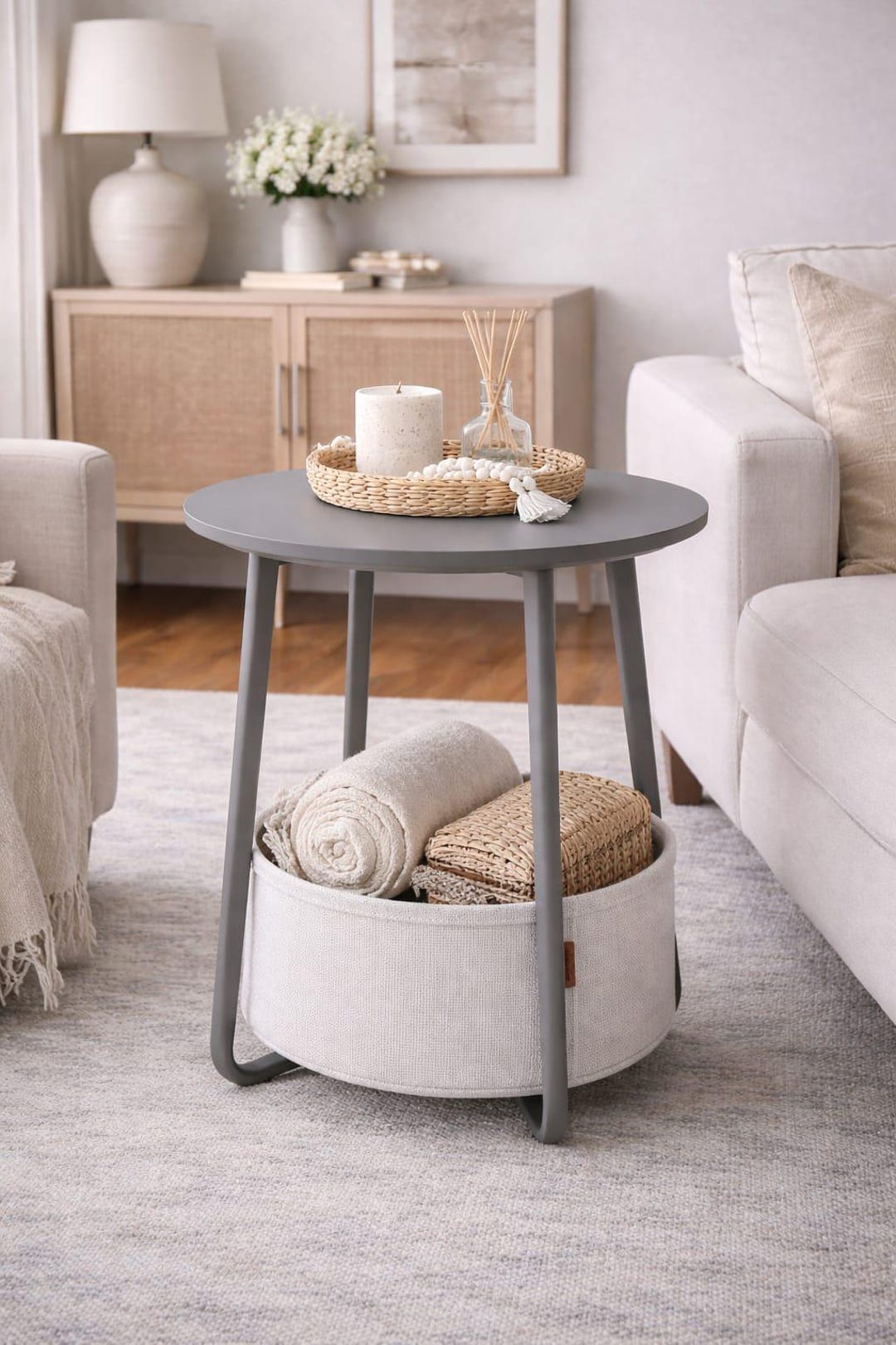 Round Side Table With Fabric Storage Basket, Modern Grey End Table - Etsy