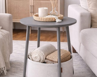 Round Side Table with Fabric Storage Basket, Modern Grey End Table