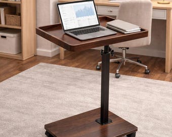 Adjustable Walnut Swivel C-Table with Wheels, Rolling End Table Storage Base