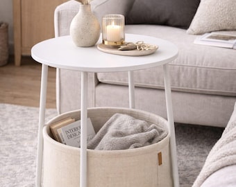 Round Side Table with Fabric Storage Basket, Modern Matte White End Table