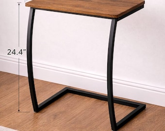 C-Shaped Side Table – Rustic Wood Metal End Table for Sofa, Laptop, Small Spaces