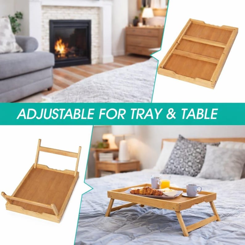Może przedstawiać: Bambusowy stolik z tacą i składanymi nogami, pokazany w wielu widokach. Taca jest prostokątna z jasnobrązowym wykończeniem. Tekst "ADJUSTABLE FOR TRAY & TABLE" jest wyświetlany białymi literami na turkusowym tle.