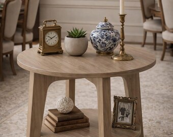 Modern 2-Tier Round End Table, Greige  Finish, Living Room Storage