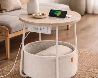 Round Side Table with Fabric Storage and Charging Station, Small Space Accent