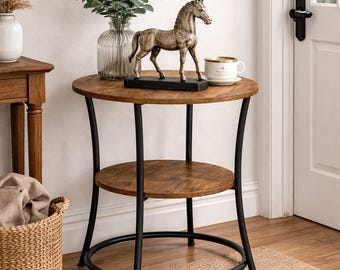 Rustic Brown Round Side Table with Wheels, Dual-Level Storage Base