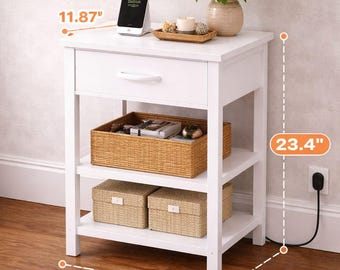 White 3-Tier Nightstand with Charging Station, Narrow Bedside Table Storage