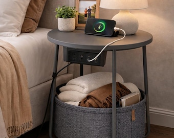 Round Side Table with Fabric Storage Basket and Charging Station