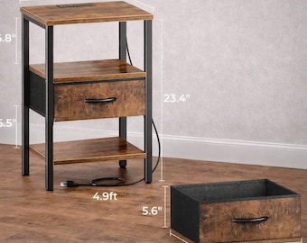 Rustic Brown Nightstand with Charging Station, 3-Tier End Table, Metal Frame Storage