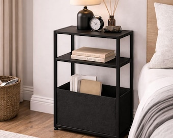 Slim Black End Table with Storage Basket, Narrow Bedside Sofa Table