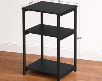 industrial 3 tier side table for small spaces, rustic brown end table with storage shelves, compact bedside table with steel frame