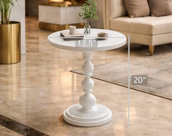 White Round Accent Table – Retro-Modern Column Base, Metal Build, Indoor/Outdoor Use