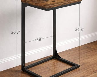 C-Shaped Side Table, Rustic Wood Laptop, Metal Frame Bedside Snack Furniture