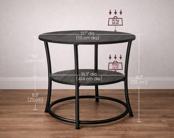 Round Metal Side Table with Wheels, Dual-Level Storage, Mist Gray Black