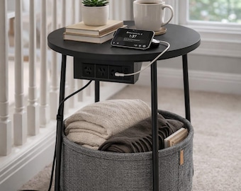 Round Side Table with Charging Station and Storage Basket