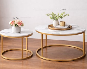 White Marble Nesting Coffee Tables – Modern Round Metal Frame Accent Tables