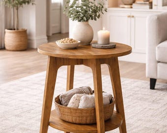 Modern 2-Tier Round End Table, Rustic Walnut Finish, Living Room Storage