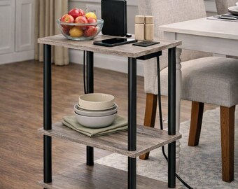 2-Tier End Table with Charging Station, USB Type-C Ports, Compact Nightstand