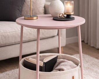 Round Side Table with Fabric Storage Basket, Jelly Pink Modern End Table