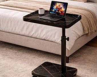 Adjustable Rolling C-Shaped Side Table with Swivel Top for Sofa, Bed & Laptop Use