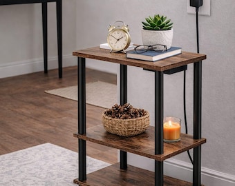 Rustic Brown 2-Tier End Table with USB Charging Station, Compact Nightstand