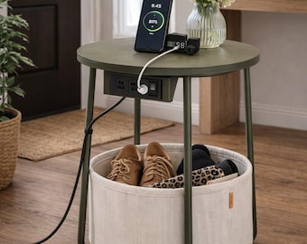 Round Side Table with Charging Station and Storage Basket