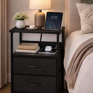 Modern Nightstand with  3 Fabric Drawers  2 Tier Shelf, Narrow Side Table with USB Ports AC Outlets,  Table for Bedroom Living Room