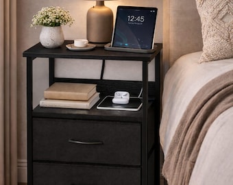 Modern Nightstand, 3 Fabric Drawers, 2-Tier Shelf, Built-in USB Ports