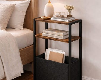 Slim End Table with Storage Basket, Narrow Bedside, 3-Tier Sofa Table