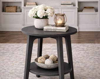 Modern 2-Tier Round End Table, Smoky Grey  Finish, Living Room Storage