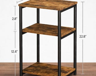 industrial 3 tier side table for small spaces, rustic brown end table with storage shelves, compact bedside table with steel frame