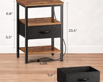 Rustic Brown Nightstand with Charging Station, 3-Tier End Table, Metal Frame Storage