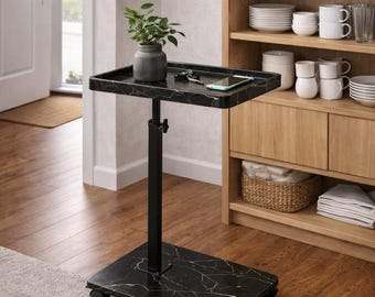Adjustable C-Shaped Side Table with Swivel Top, Rolling End Table, Black Marble Finish