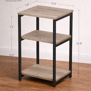 industrial 3 tier side table for small spaces, rustic brown end table with storage shelves, compact bedside table with steel frame