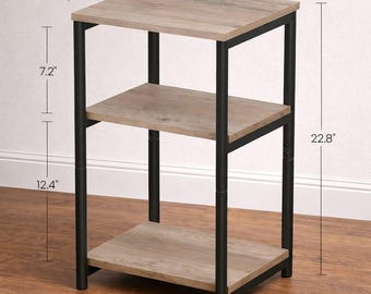 industrial 3 tier side table for small spaces, rustic brown end table with storage shelves, compact bedside table with steel frame