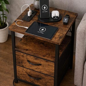 Modern Nightstand with  3 Fabric Drawers  2 Tier Shelf, Narrow Side Table with USB Ports AC Outlets,  Table for Bedroom Living Room