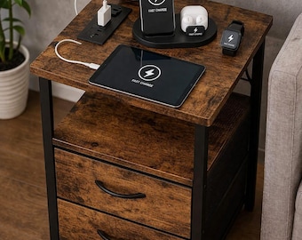 Rustic Brown Nightstand, 3 Fabric Drawers, 2-Tier Shelf, Built-in USB Ports