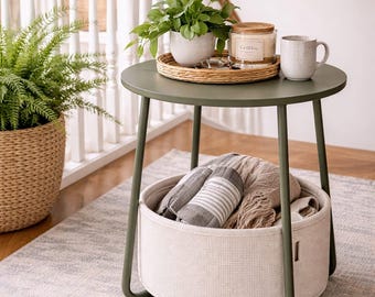 Round Side Table with Fabric Storage Basket, Forest Green Modern End Table