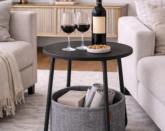 Round Side Table with Fabric Storage Basket, Modern Ebony Black End Table