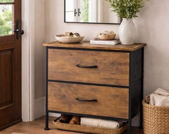 Rustic Brown 2-Drawer Nightstand with Charging Station, Modern Bedside Table