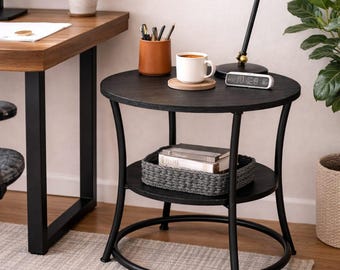 Round Side Table with Wheels, Metal Frame, Engineered Wood Top, Dual Storage