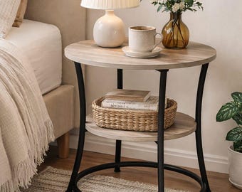 Round Side Table with Wheels, Swivel TV Tray, Rolling End Table Storage