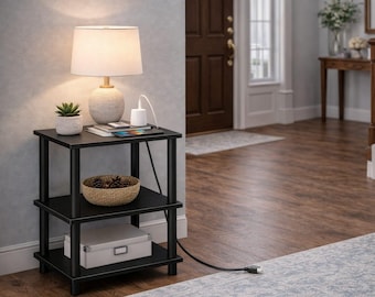 2-Tier End Table with USB Type-C Charging Station, Black Metal Frame Nightstand