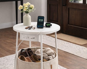 Round Side Table with Charging Station and Fabric Storage Basket